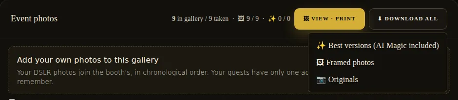 “Download all” menu: best versions, framed photos, originals
