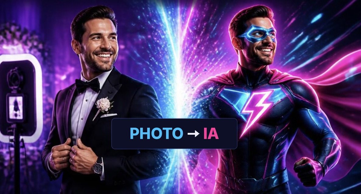 Un invité photographié au photobooth, puis la même personne transformée en super-héros par l’IA