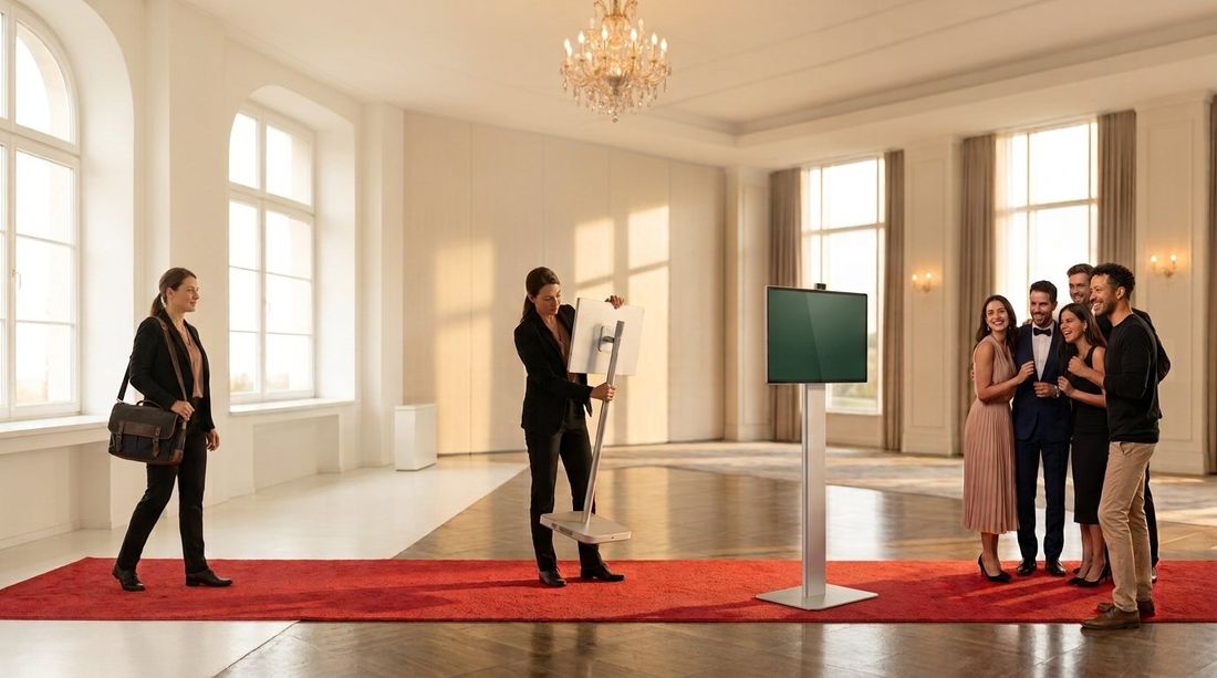 Un photographe installe sa borne photo lors d’une réception